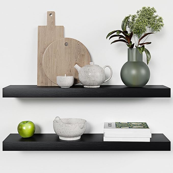 Homeforia Black Floating Shelves 30 inches Long, High End Solid Real Wood 30 inch Floating Shelf for Wall Mounted, Black Wooden 30in Floating Shelves, Heavy Duty Bracket, 30 X 6.5 X 1.75 in, Set of 2