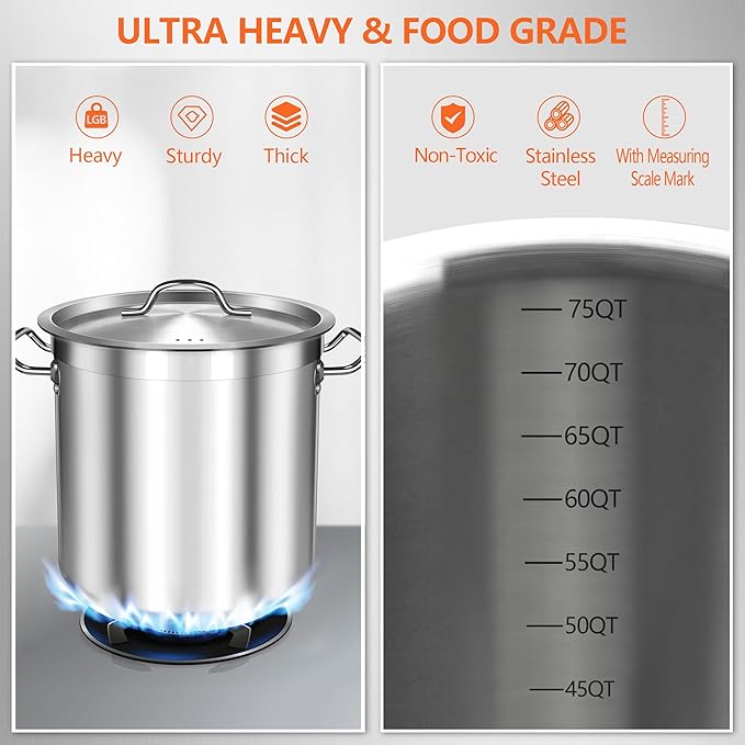 75 Quart Stainless Steel Stock Pot with Lid – Extra Large Commercial Cooking Pot for Soup, Stew, Seafood – Heavy Duty, Induction Ready – Perfect for Restaurants & Big Gatherings