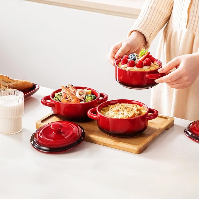 LOVECASA Mini Cocotte Set,12 OZ Small Casserole Dishes with Lids, Soup Bowls With Handles,Individual Baking Ramekins,Oven, Microwave & Dishwasher Safe,Set of 4,Red