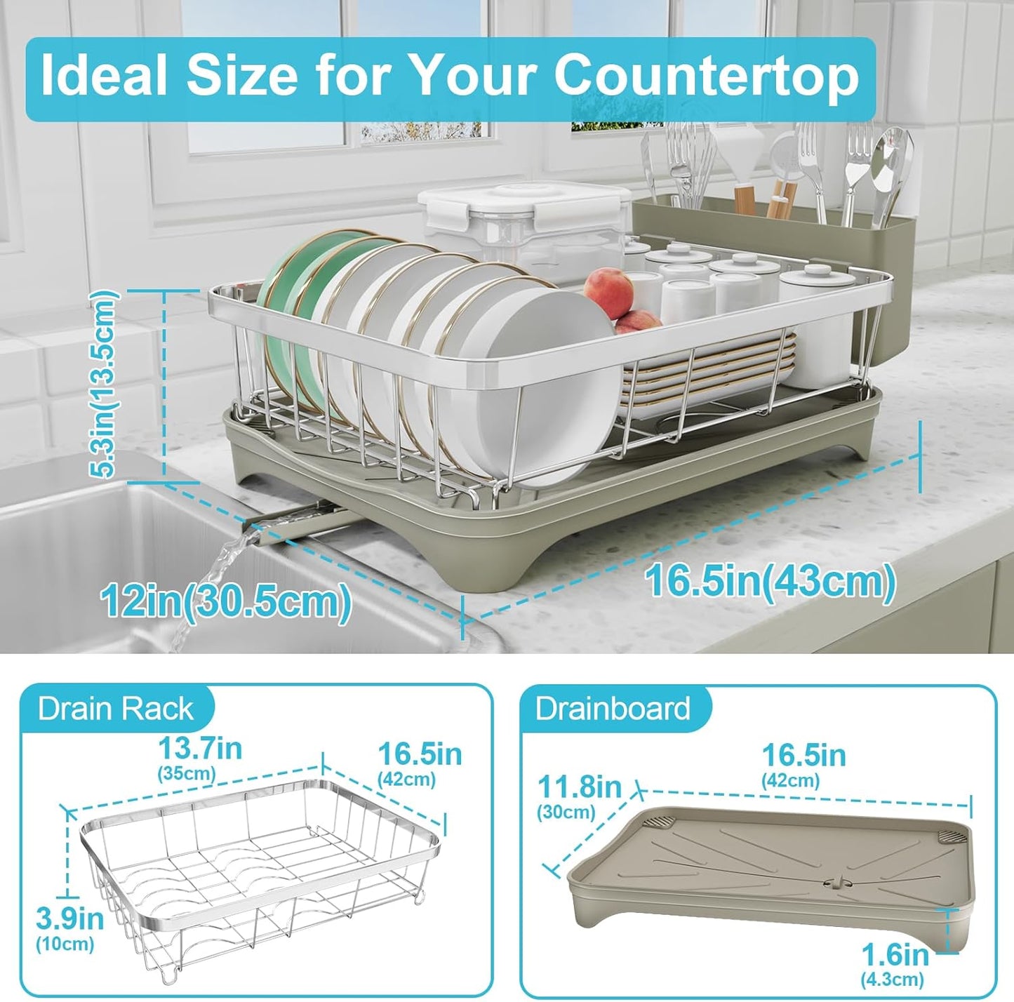 Dish Drying Rack - 304 Stainless Steel Dish Rack, Adjustable Spout Auto-Draining Dish Drainers for Kitchen Counter, Large Capacity for Bowls, Cups, Dish Drainer with Drainboard Grey