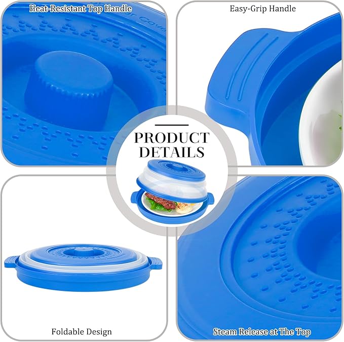 10.7 Inch Microwave Food Cover with Heat Insulation Mat, Anti-Scald Collapsible Microwave Splatter Cover, Multi-Functional as Colander & Fruit Plate, Dishwasher Safe, Ideal for Meal Prep (Dark Blue)
