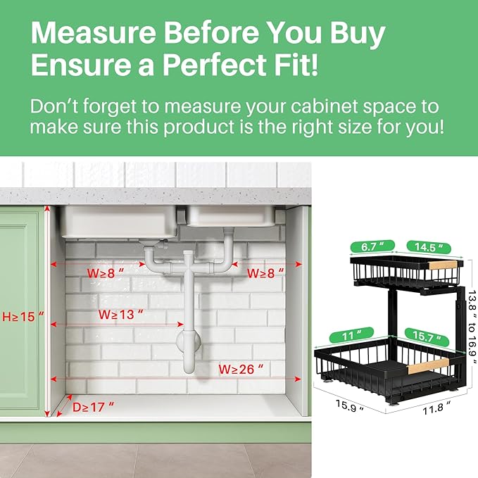 Pull out Cabinet Organizer, 2 Tier Under Sink Organizer, Slide out Metal Kitchen Cabinet Organizers Drawer Shelf, Sliding Storage Shelves for Kitchen Bathroom Pantry Cabinet Closet Organization Rack