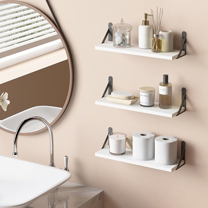 YGEOMER 16.5 Inch Floating Shelves for Wall, Farmhouse Wall Shelves for Bedroom, Bathroom Storage, Living Room and Kitchen Decor (Set of 6 White)