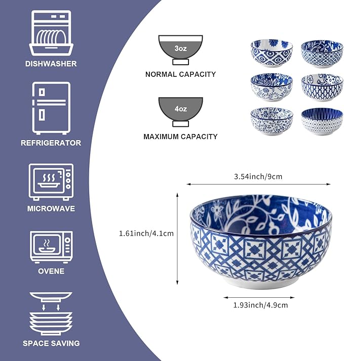 Ceramic Dipping Bowls Set - 4 Oz Small Dessert Bowl 3.5 Inch Porcelain Small Bowls for Side Dishes, Snack, Yogurt, Appetizer - Microwave Dishwasher Safe - Set of 6 - Vintage Blue