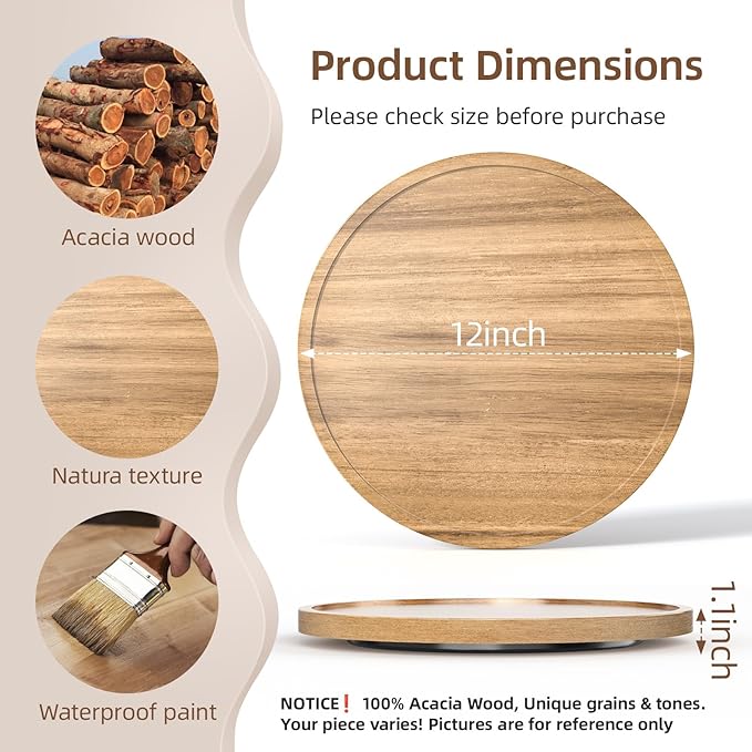 LAMU 12'' Acacia Wood Lazy Susan Organizer for Table Top, Lazy Susan Turntable for Cabinet, Kitchen, Countertop, Pantry Organization