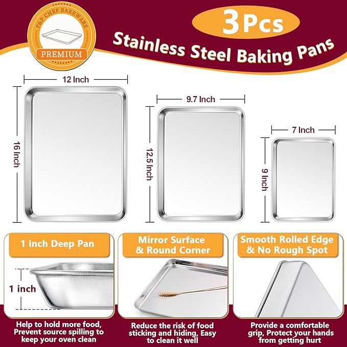 P&P CHEF 16 + 12.5 + 9 Inch Baking Sheet and Rack Set, Stainless Steel Cookie Sheets Oven Baking Pans Trays with Cooling Racks for Cooking & Roasting, Oven & Dishwasher Safe, (6Pcs)