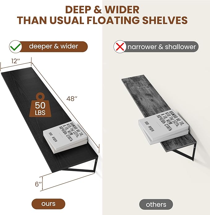 Heimlove Black Deep Floating Shelves for Wall, 48W x 12D Wood Wall Shelves Set of 2, Wide Floating Bookshelf for Living Room, Kitchen, Office, Bedroom and Decor Storage, with Metal Bracket - Black
