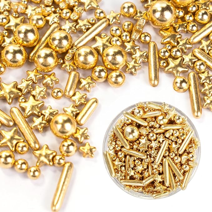 Dazzjoy Edible Gold Pearl Sprinkles, Sugar Candy Pearls, Food Grade, 130g/4.58oz, Gold Star Pearls Sprinkles for Cake Decorating, Cupcake, Cookies Topper Decoration