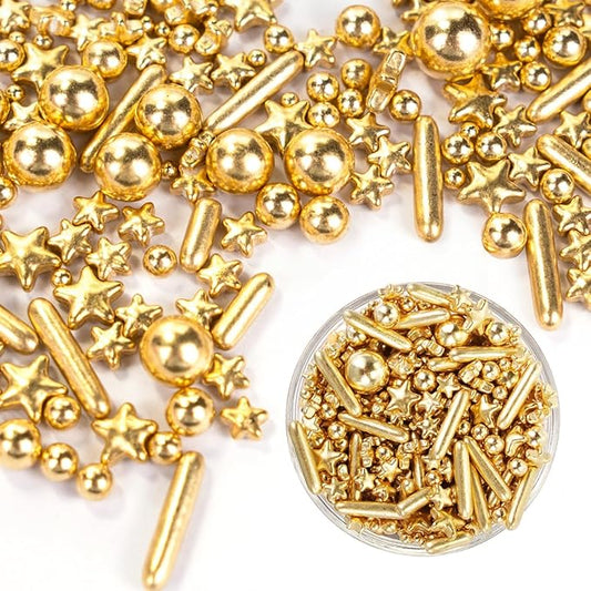 Dazzjoy Edible Gold Pearl Sprinkles, Sugar Candy Pearls, Food Grade, 130g/4.58oz, Gold Star Pearls Sprinkles for Cake Decorating, Cupcake, Cookies Topper Decoration
