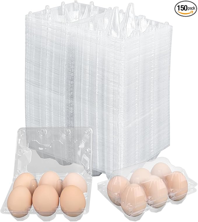 150 Pack Half Dozen Egg Cartons Bulk, 2x3 Clear Plastic Chicken Egg Holders, Egg Tray Carton Holder for Home & Kitchen, Farm & Market Use, Egg Storage Solution, 6 Grids(Medium Size)