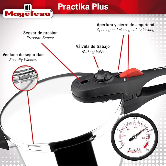 Magefesa Practika Plus Pressure Cooker, 4.2 & 6.3 Quart, 18/10 Stainless Steel, Induction-Compatible, Superior Heat Distribution, Encapsulated Diffuser Bottom, 5 Safety Systems