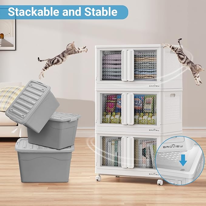 300Qt Stackable Storage Bins with Lids, 75Gal Closet Organizers and Storage Drawer, Plastic Collapsible Storage Bins with Doors, Heavy Duty Store Box Cabinet for Home Office, 3Pack White