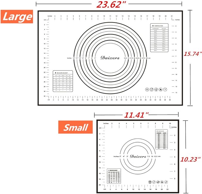Silicone Baking Mats Set of 2,Large 23.62" x 15.74" Small 11.41" x 10.23",Non Stick Non Skid Pastry-Mat with Measurements (Black)