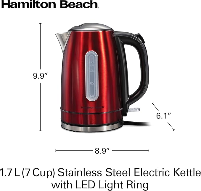 Hamilton Beach Electric Tea Kettle, Water Boiler & Heater, 1.7 Liter, Cordless Serving, 1500 Watts for Fast Boiling, Auto-Shutoff and Boil-Dry Protection, Red with LED Light Ring (41060)