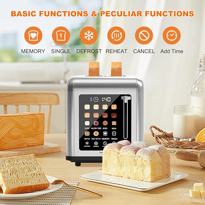 2 Slice Toaster Touch Screen, Stainless Steel Toasters Digital Timer 2 Slot Toasters, 8 Shade Settings 6 Bread Types for Bagel, Cancel, Defrost（Stainless Steel）