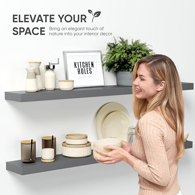 Homeforia Gray Floating Shelf 48 inch, High End Solid Real Wood 48inch Floating Shelves for Wall Mounted, Grey Wooden 48 inches Long Floating Shelves, Heavy Duty Bracket, 48 X 6.5 X 1.75 in, Set of 2