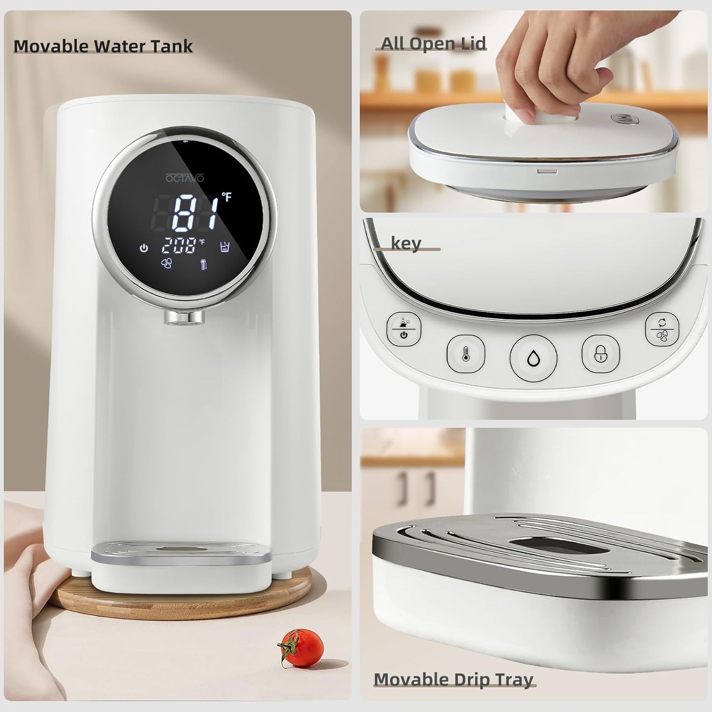 OCTAVO Water Boiler & Warmer 5 Liter, 304 Stainless Steel Water Tank, 700 Watt 6 Adjustable Water Temperature, LCD Touch Control Screen, Child Lock with Water Shortage Indicator