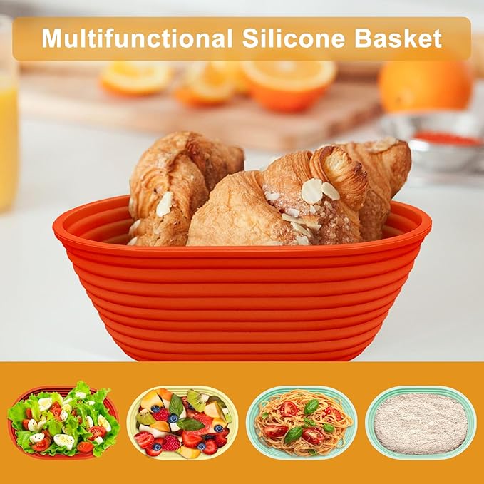 Silicone Banneton, Sourdough Bread Baskets (Set of 6, 6.5 Inch), Oval Proofing Bread Bowls with Starter Kit, Bread Making Baking Supplies