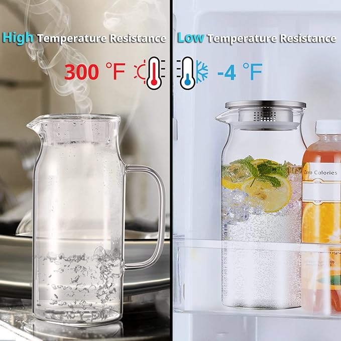 2 Liter 68 oz Glass Pitcher with Lid and Spout, Bivvclaz Glass Carafe for Hot/Cold Water, Large Iced Tea Pitcher for Coffee, Juice and Homemade Beverage