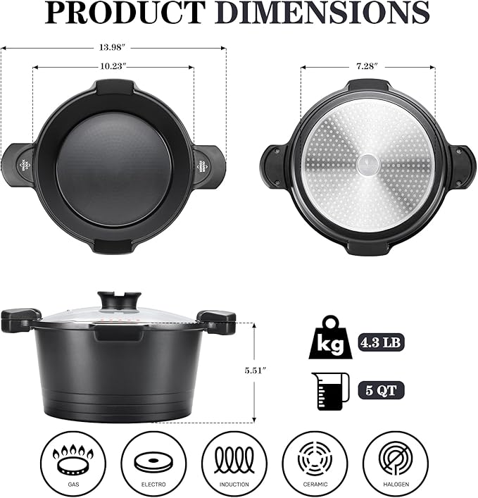 ACTIV CUISINE 5qt Pasta Pot with Strainer Lid, Cast Aluminum Stockpot Multipot, Nonstick Ceramic Coating make Cleanup easy with Tempered Glass Lid, Dishwasher Safe, Induction, Black