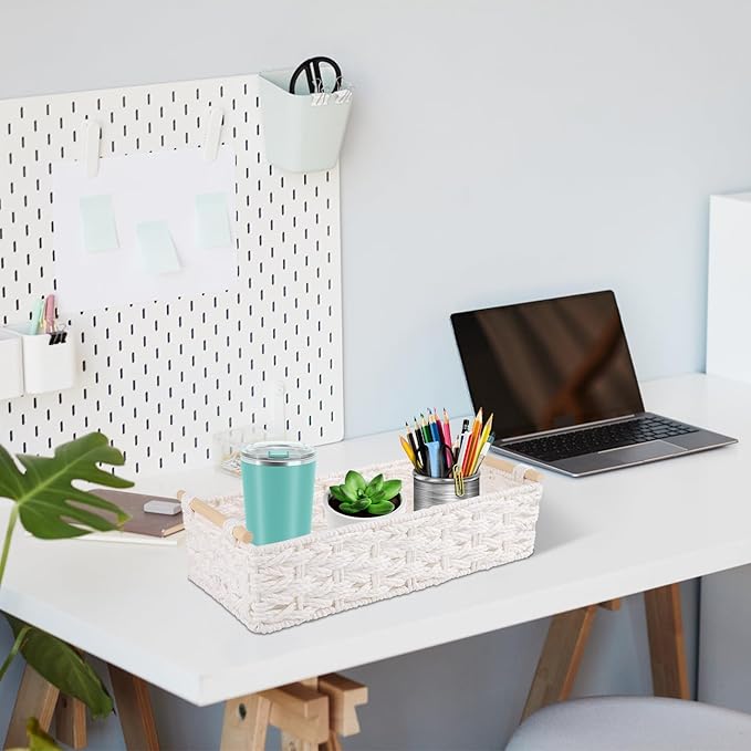 OIAHOMY Toilet Paper Baskets Handmade Paper Rope Decorative Wicker Storage Tank Shelf Cabinet Organizer for Bathroom Home, Set of 2, White