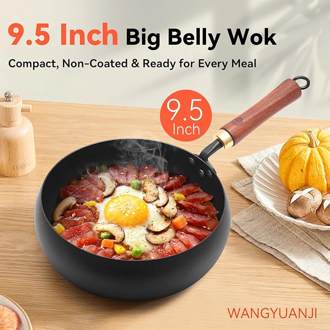 WANGYUANJI 9.5-Inch Wok Pan with Lid – Handmade Round Cooking Wok, Deep Frying Pan with Detachable Wooden Handle, No Chemical Coated Wok Flat Bottom for Induction & Gas Stoves