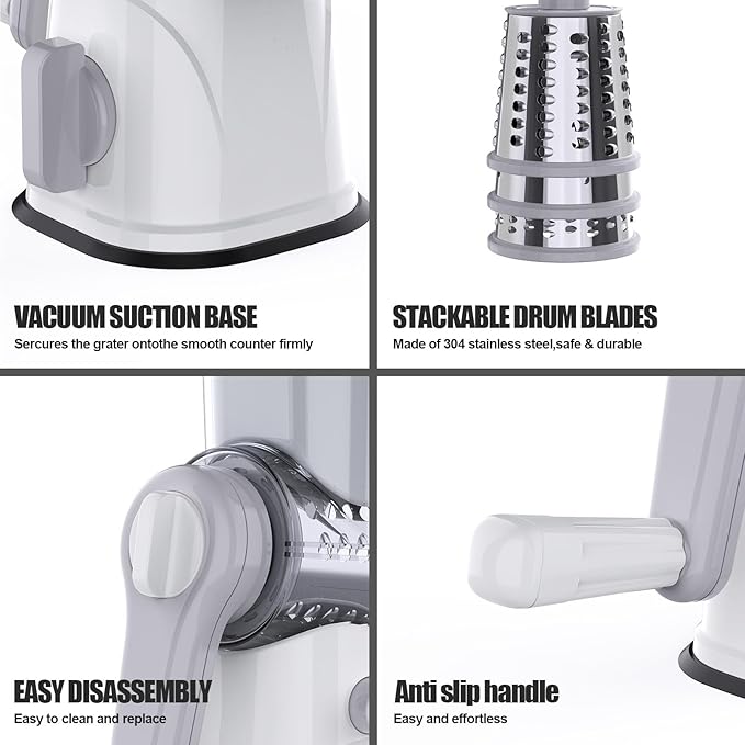 RAINBEAN Rotary Cheese Grater for Kitchen, Hand Crank Cheese Shredder with 3 Interchangeable Blades, Rotary Grater with Handle and Strong Suction Base, for Vegetables, Fruit, Nuts