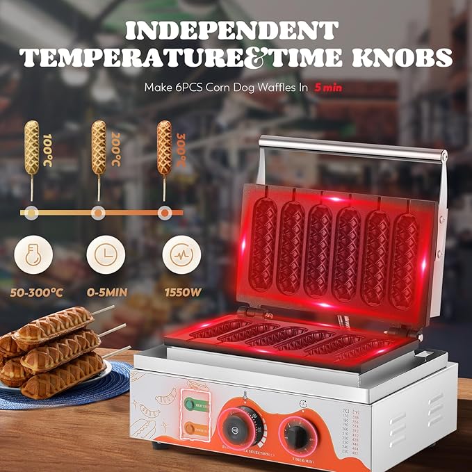 Moongiantgo Commercial Corn Dog Waffle Maker Machine 6 PCS 1550W Waffles on a Stick Maker Stainless Steel, 50-300℃ Temp Control, 5-min Timer Waffle Dog Maker 110V(White)