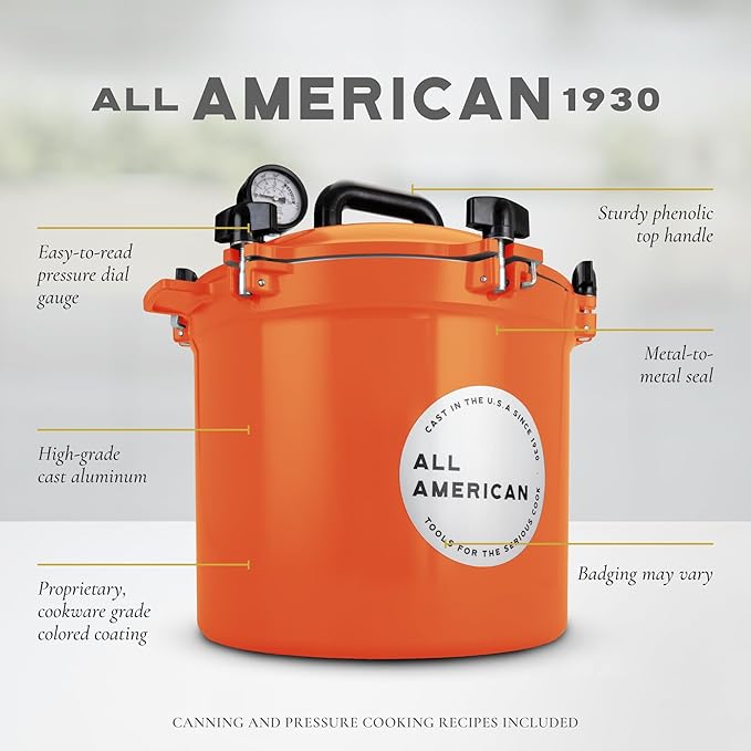 All American 1930-21.5qt Pressure Cooker/Canner (The 921), Saffron - Exclusive Metal-to-Metal Sealing System - Suitable for Gas, Electric, or Flat Top Stoves - Made in the USA