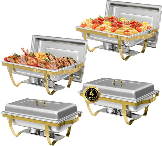 Chafing Dish Buffet Sets of 4, 8QT Stainless Steel Rectangular Chafers and Buffet Warmer Sets for Catering, with Food & Water Pan, Lid, Gold Foldable Frame, Fuel Holder for Event Party Holiday