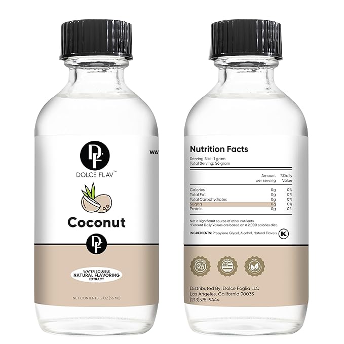 Dolce Flav Natural Coconut Extract – 2 Ounce Water-Soluble Kosher, Sugar-Free, Concentrated Tropical Coconut Flavoring for Baking, Beverages & Desserts, Includes Measured Dropper
