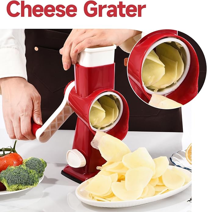Rotary Cheese Grater Hand Crank Cheese Shredder Vegetable Mandoline Slicer for Kitchen 3 in 1 Changeable Blades for Cheese Potato Nuts Chocolate Ice (RedWhite)
