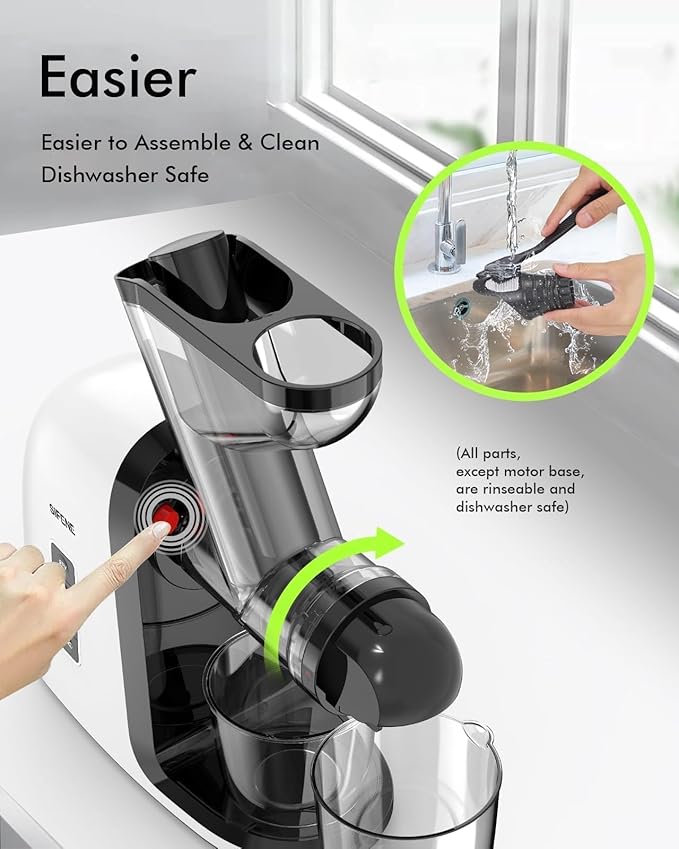 SiFENE Slow Masticating Juicer Machine, Dual 3" Wide Mouth, Anti-Clog Function, Wheatgrass, and Fruit Juice Extractor Maker. Easy to Clean & Non-BPA, White