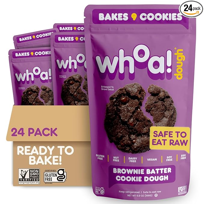 Whoa Dough Ready to Bake Cookie Dough Brownie Batter – Certified Non-GMO, Kosher, Gluten Free – Plant-Based Snack Dough Made with Real Ingredients – 24 Pack