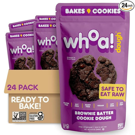 Whoa Dough Ready to Bake Cookie Dough Brownie Batter – Certified Non-GMO, Kosher, Gluten Free – Plant-Based Snack Dough Made with Real Ingredients – 24 Pack