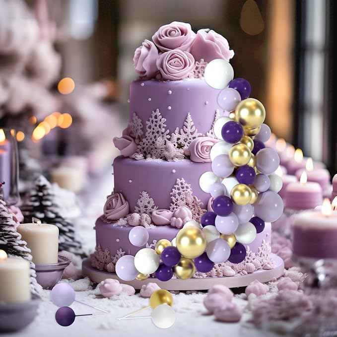48 Pcs Balls Cake Topper Decorations Balloon Cupcake Toppers Foam Cake Topper Balls Cake Balls Decorations for Birthday Party Wedding Cake Decorating (Purple, Light Purple, White, Gold)