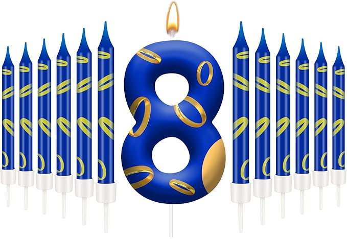 13PCS Birthday Cake Candles Set - Blue and Golden Ring Number Candles with Vibrant Designs for Boys & Girls, Theme Birthday Party Decorations, Cake Toppers for Theme Parties(Number 8)