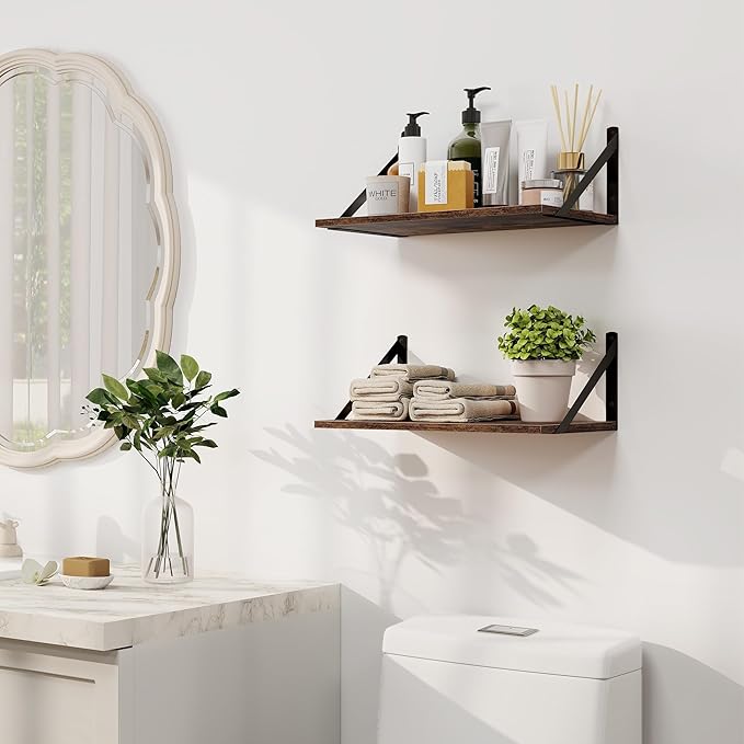 Heimlove Deep Floating Shelves for Wall, 16W x 8D Wood Wall Shelves Set of 2, Wide Floating Bookshelf for Living Room, Kitchen, Office, Bedroom and Decor Storage, with Metal Bracket - Rustic Brown