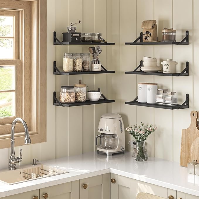 YGEOMER 16.5 Inch Floating Shelves for Wall, Farmhouse Wall Shelves for Bedroom, Bathroom Storage, Living Room and Kitchen Decor (Set of 6 Black)