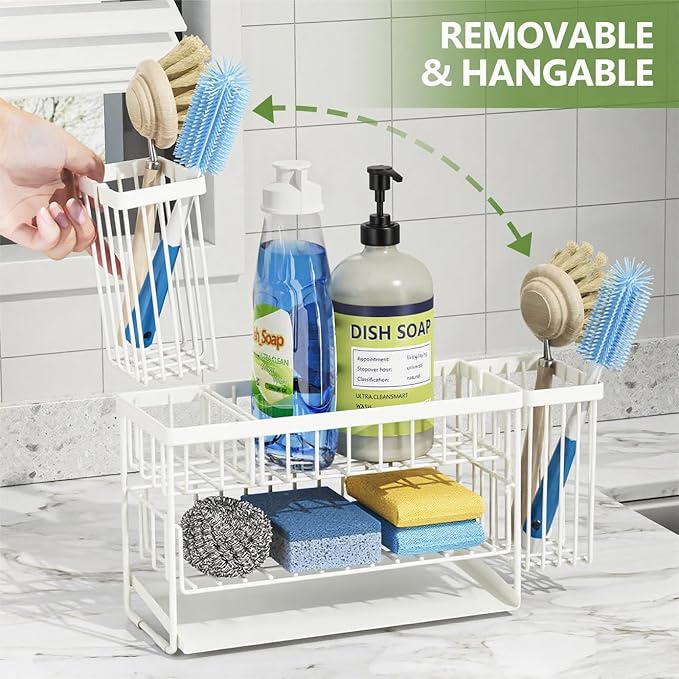 Cisily White 2-Tier Kitchen Sink Caddy Organzier Rack with Flexible Dish Brush Holder, Sponge Holder for Kitchen Sink Countertop Organization Storage,Home Decor Accessories