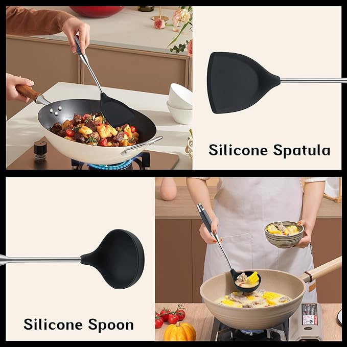 FJNATINH Silicone Wok Spatula and Ladle Set - Stainless Steel Wok Tools, Wok Utensil,Non Stick Heat-Resistant Cooking Utensils BPA Free Kitchen Utensils Cookware (Black Stainless Steel-2PCS)