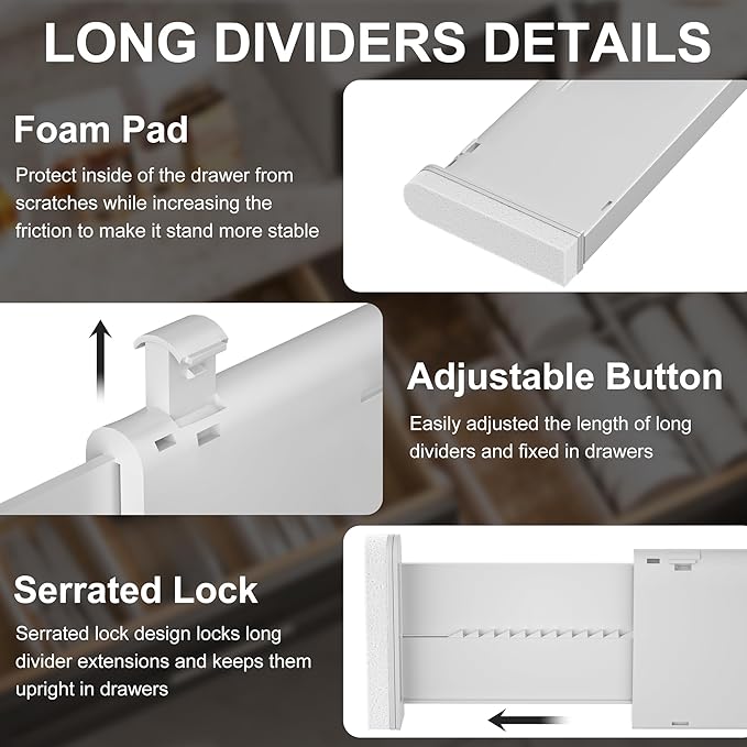 HiYZ Expandable Drawer Dividers - 12.6-22.8'' Adjustable Drawers Organizers for Kitchen Utensils, Drawer Separators in Bedroom, Dresser, Office, Bathroom, Fridge, 5 Pack Long Dividers-Gray