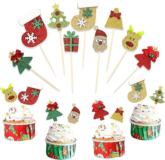 18Pcs Christmas Cake Toppers - Cupcake Decoration Set with Santa Claus, Christmas Tree, Snowman, Sock Theme Party Supplies