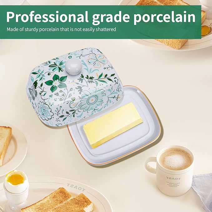 Butter Dish With Lid For Countertop-Ceramic Butter Dish with Knob Handle-Dishwasher Safe Butter Keeper&Serving Tray,Large Storage Keeper Holder for Kitchen-Elegant Gift for Women,Mothers,Housewarming