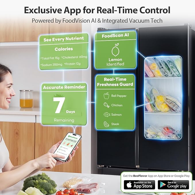 Automatic Food Vacuum Sealer Machine | Beelicious Pro 80KPa 8-In-1 Food Vacuum Saver with Starter Kits | 15 Bags, Pulse Function, Moist&Dry Mode and External VAC for Containers, Stainless Steel