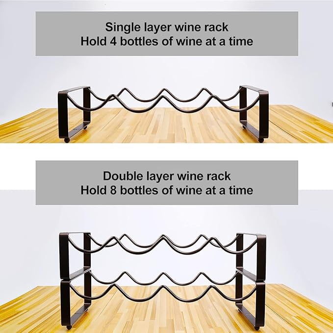 Stackable Wine Rack Countertop, 8 Bottles 2 Tier Wine Cabinet Counter, Wine Rack Holder and Storage, Metal Wine Bottle Holder Freestanding for Cabinet