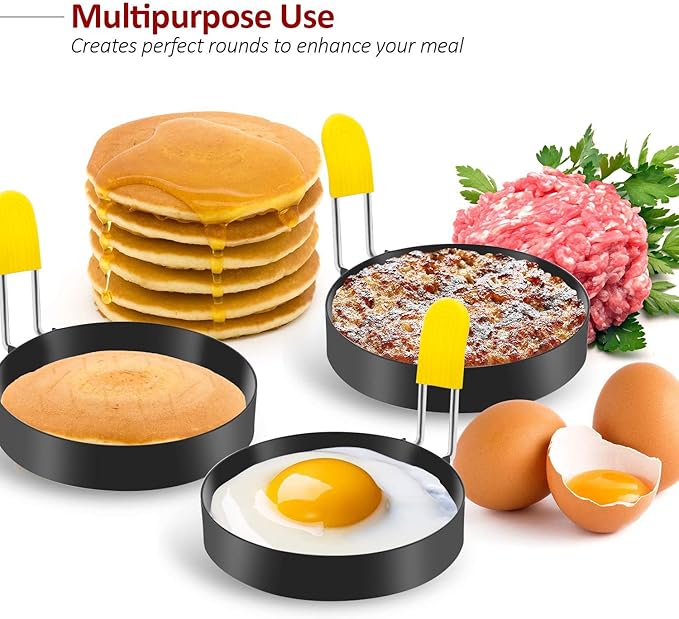 Egg Ring for Frying Eggs and English Muffin - Round Egg Shaper Mold with Anti-scald Handle - Stainless Steel Non-stick Egg Cooker Ring - 2 Pack