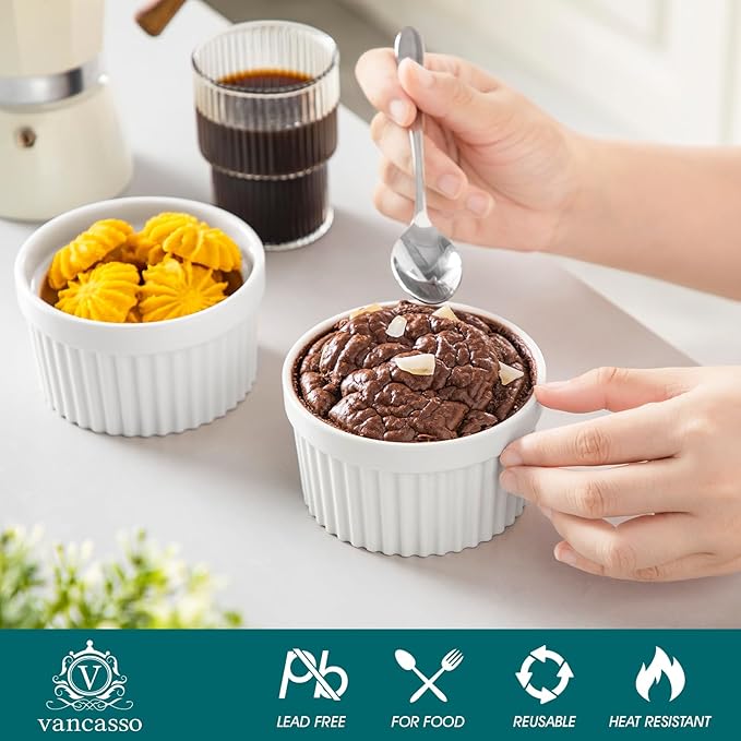 vancasso 10 oz Ramekins with Lid, Porcelain Creme Brulee Souffle Dishes, White Pudding Custard Cups Ramiken for Baking, Dishwasher and Oven Safe, Set of 6