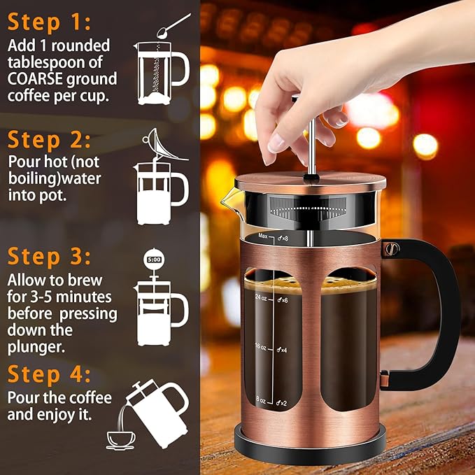 French Press Coffee Maker (34oz 1Quart 5-6Cup) Coffee Press, with 4 Filters System, Heat Resistant Thickness Borosilicate Glass, Cold Brew Coffee Tea Pot Gifts (Copper)
