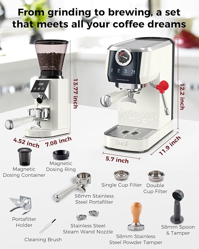 Tuni E2 58mm Espresso Machine and G1 Ivory Conical Burr Coffee Grinder Combo, 20Bar Dual Boiler Coffee Maker with 10mm Steam Milk Frother, 48 Grind Settings Anti-static Burr Mill